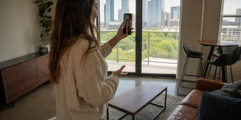 Virtual apartment tour with an out-of-state renter viewing an Austin unit by video call before relocating
