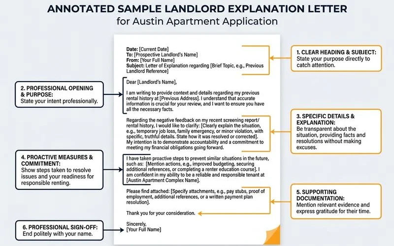 Annotated sample landlord explanation letter showing the key sections