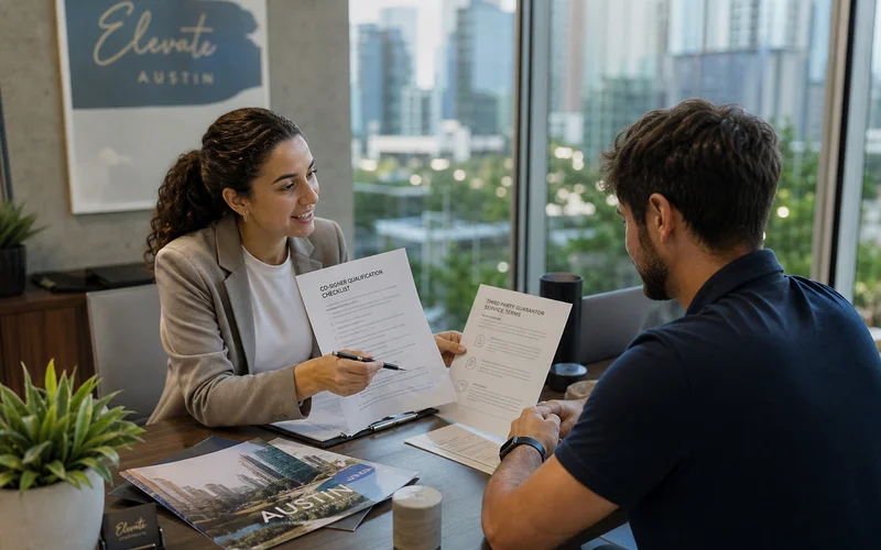 Austin Second Chance Apartments locator reviewing third party guarantor documents at an Austin TX leasing office