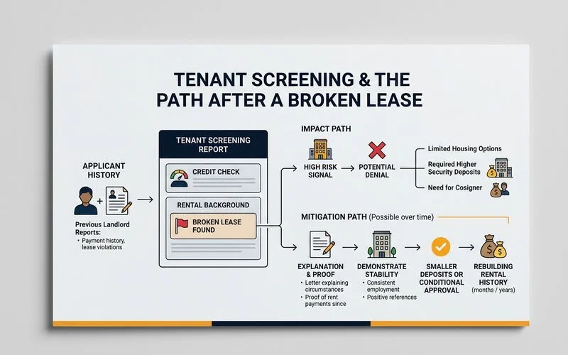Diagram of how a broken lease shows on screening and approval paths