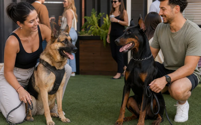 Austin Second Chance Apartments client with German Shepherd and Doberman at a restricted breed pet interview