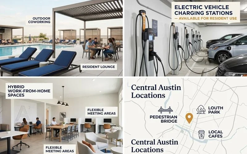 Luxury Austin apartment amenities — rooftop pool, EV charging, coworking lounge