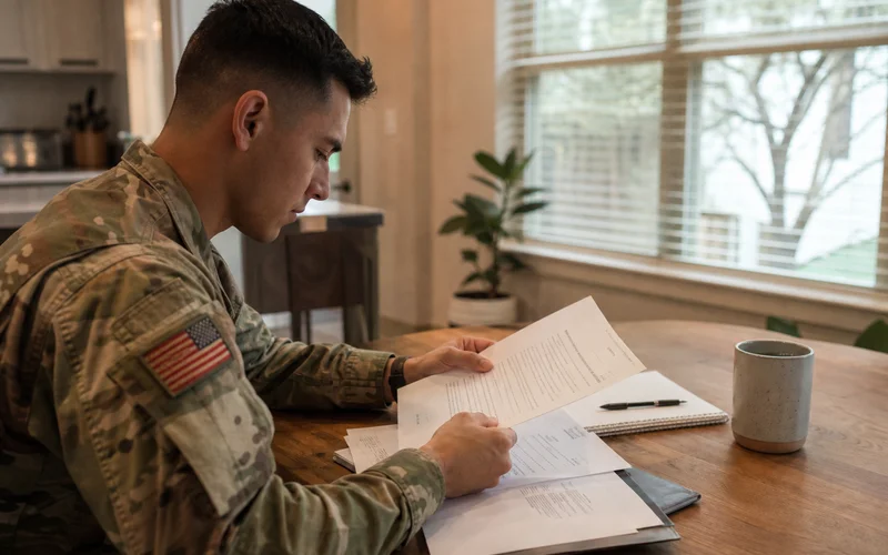 Military service member reviewing Austin apartment lease terms with knowledge of SCRA protections and BAH income documentation