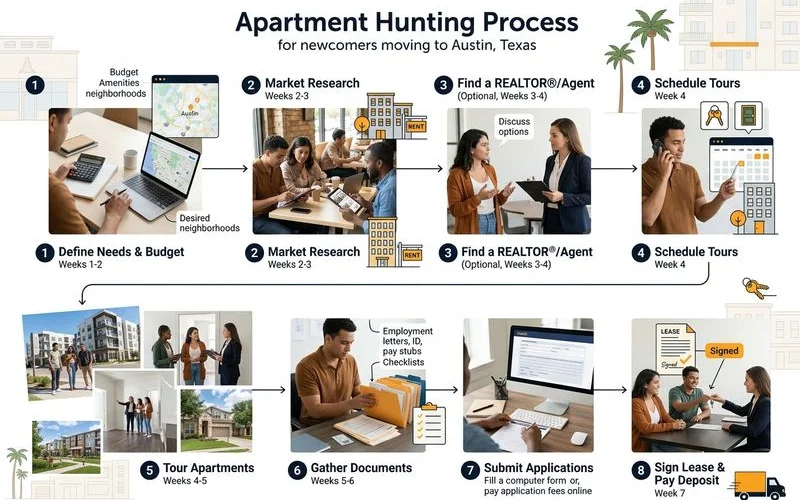 Numbered apartment hunting timeline for newcomers to Austin
