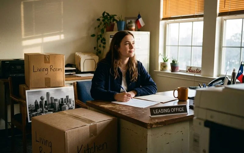 Renter signing a new lease at a sister-brokerage office