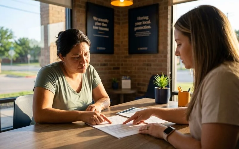 Round Rock leasing office with renter and locator reviewing documents