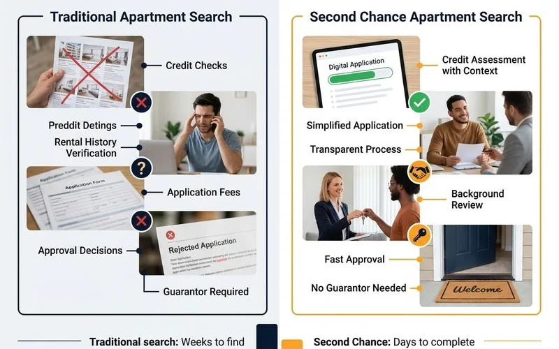 Side-by-side comparison of traditional vs second-chance apartment search