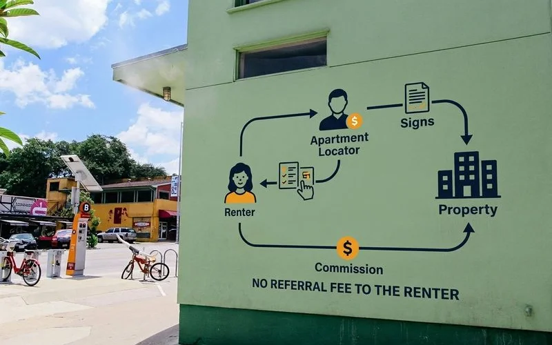 Diagram showing the locator referral-commission flow