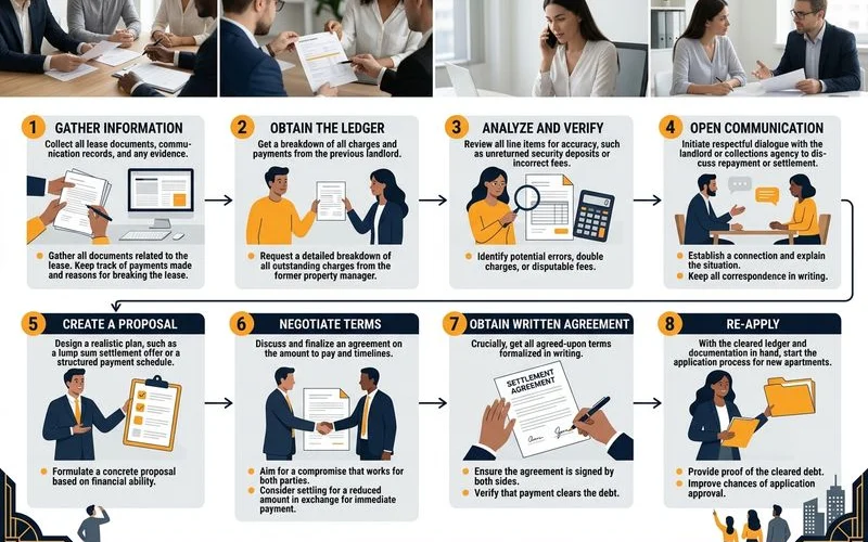 Flowchart for negotiating and clearing a broken-lease ledger