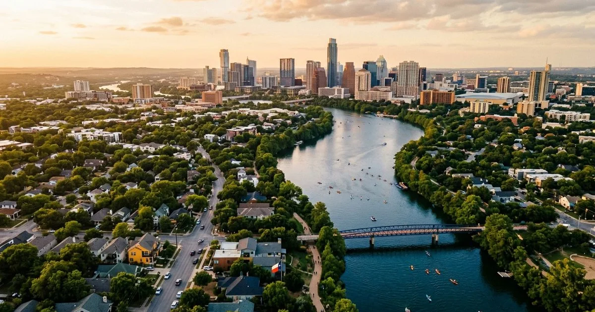 Aerial view of Austin neighborhoods with downtown skyline and Lady Bird Lake
