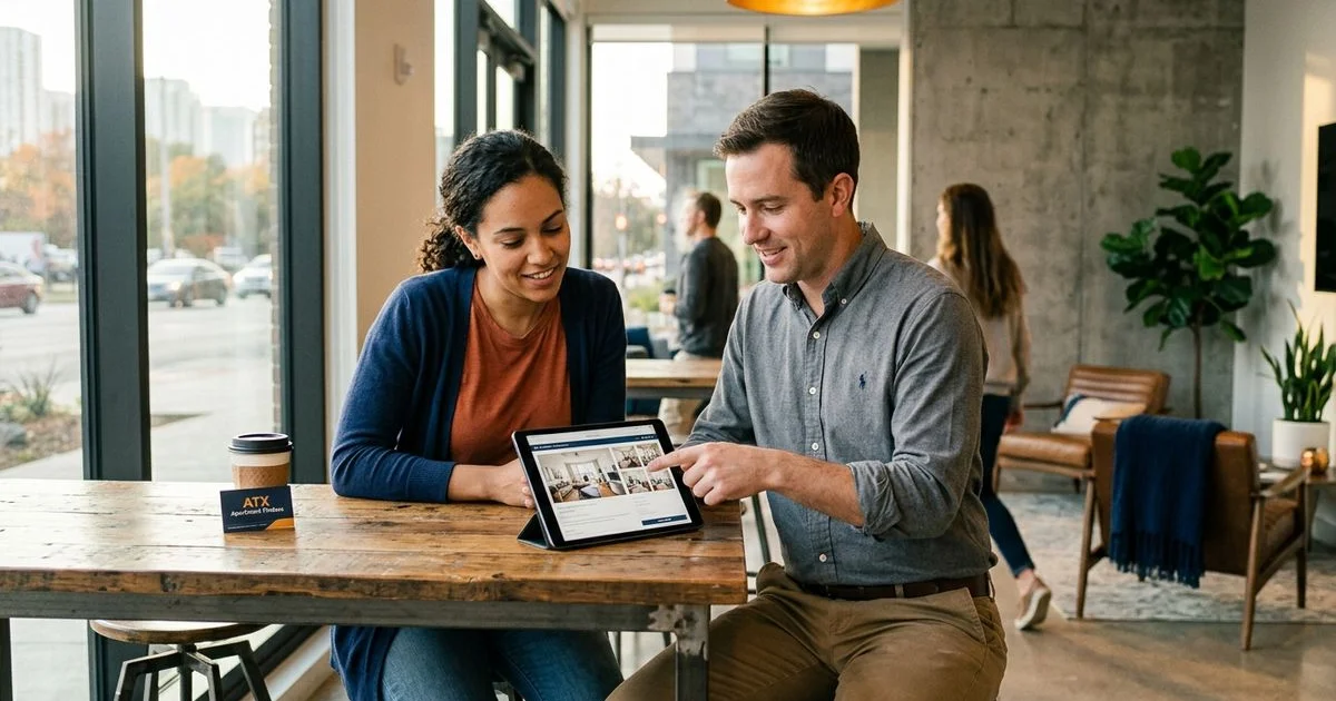 Renter and locator reviewing apartment options on a tablet in an Austin leasing lobby