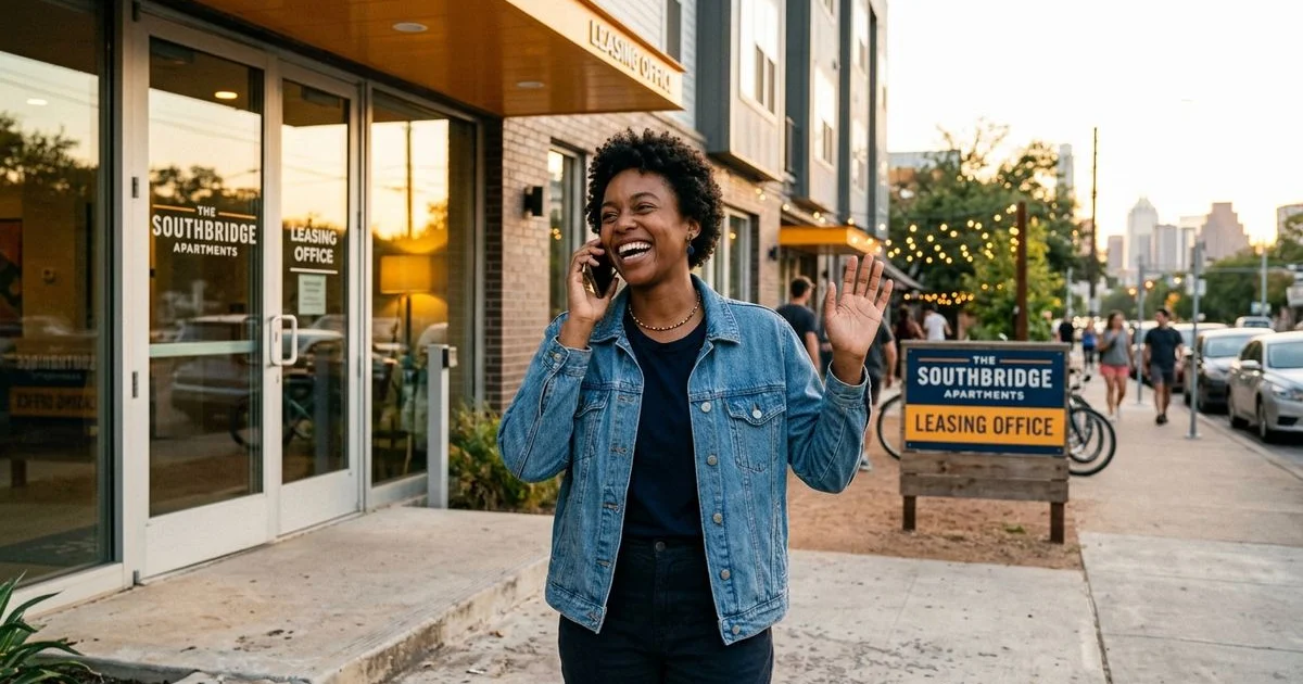 Renter celebrating a fast apartment approval outside an Austin leasing office