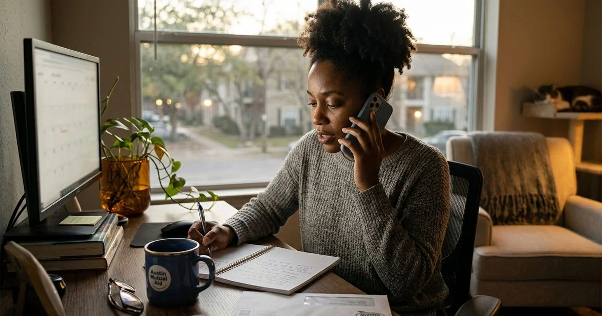Renter on a phone call taking notes about a payment plan