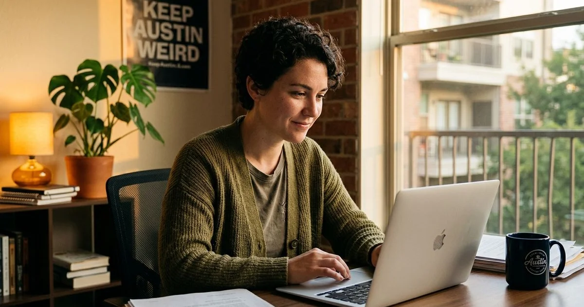 Renter reviewing a guarantor approval on a laptop in an Austin apartment office