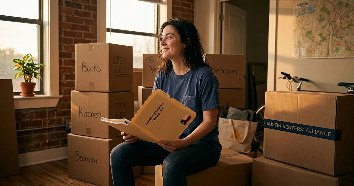 Renter with packed moving boxes and document folder ready for a fast move-in
