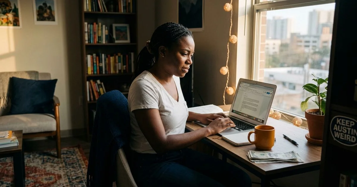 Renter writing a landlord explanation letter at a tidy desk