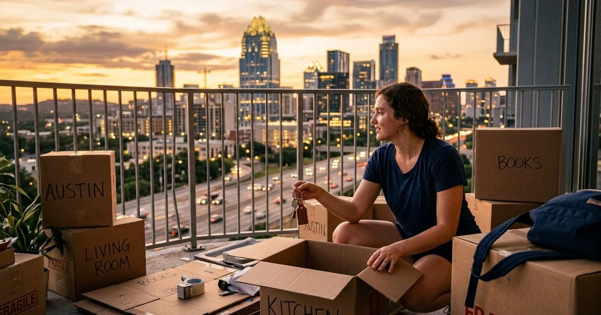 Austin summer skyline with moving boxes — the start of peak leasing season