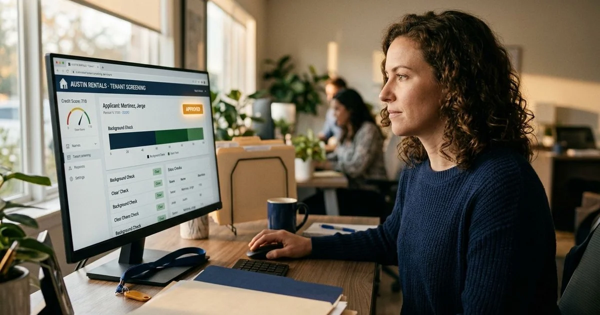 Close-up of an automated tenant screening dashboard with a leasing agent reviewing