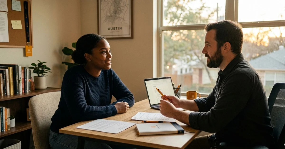 Discreet consultation between renter and locator in a private Austin office