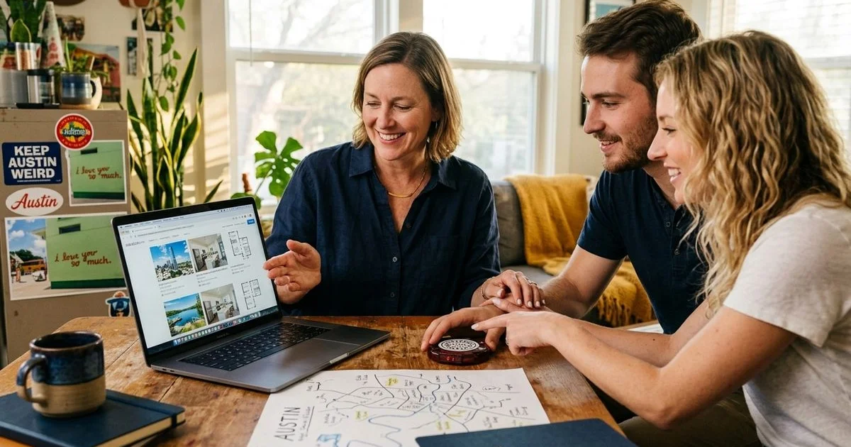 Friendly Austin apartment locator reviewing listings with a renter