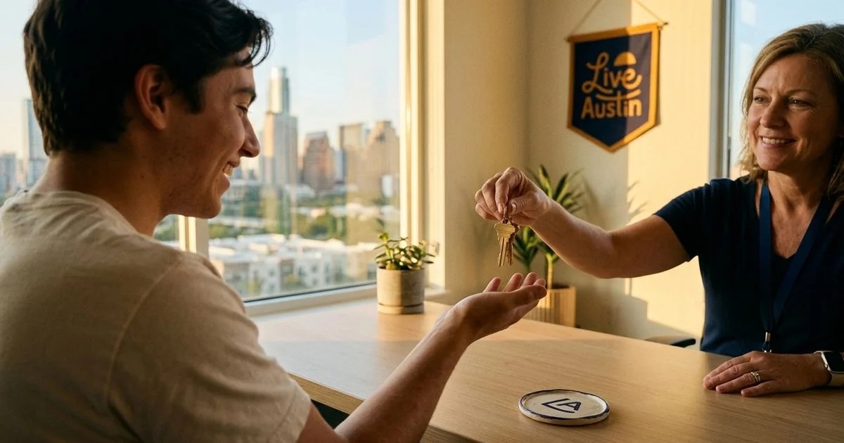 Hopeful renter receiving keys to a new Austin apartment