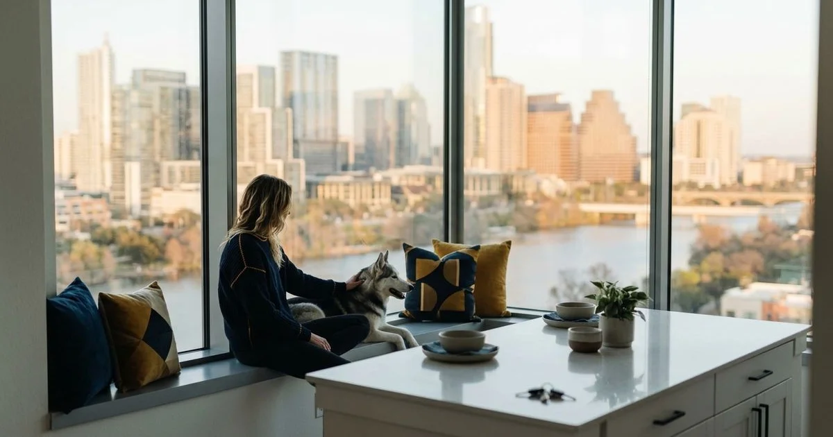 Interior of a luxury Austin high-rise apartment with downtown view
