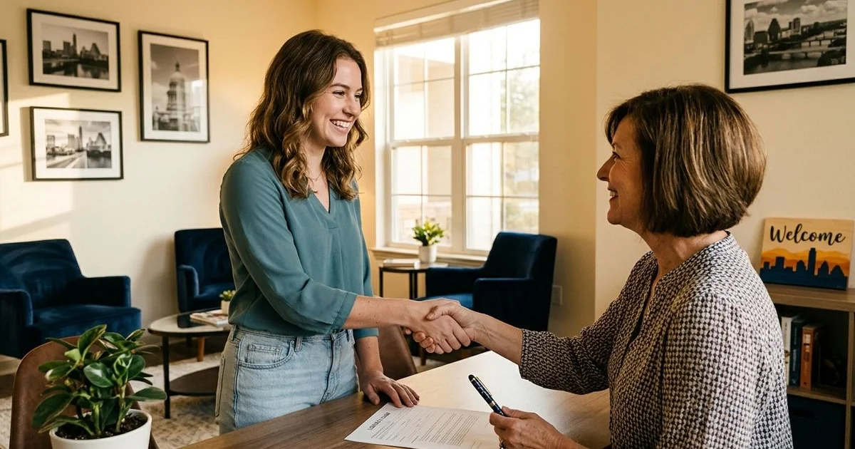 Relieved renter shaking hands with a leasing agent at an Austin apartment office