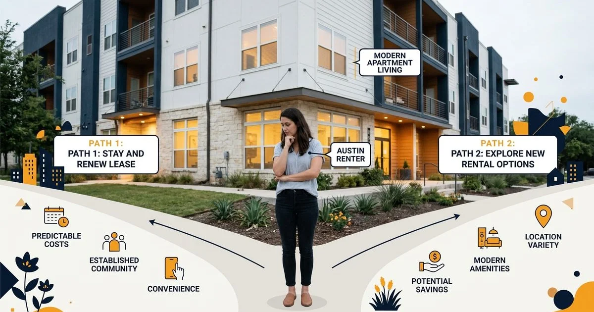 Two-path concept of a renter choosing a direction outside an Austin apartment