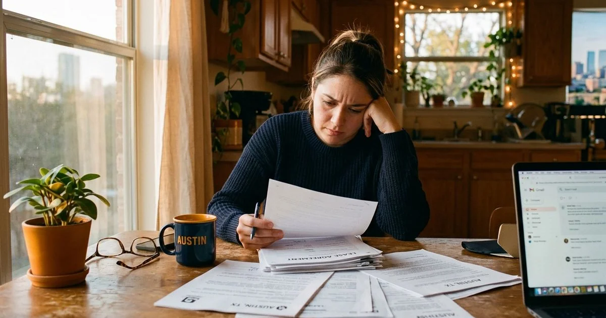 Worried renter reviewing apartment application paperwork at a kitchen table
