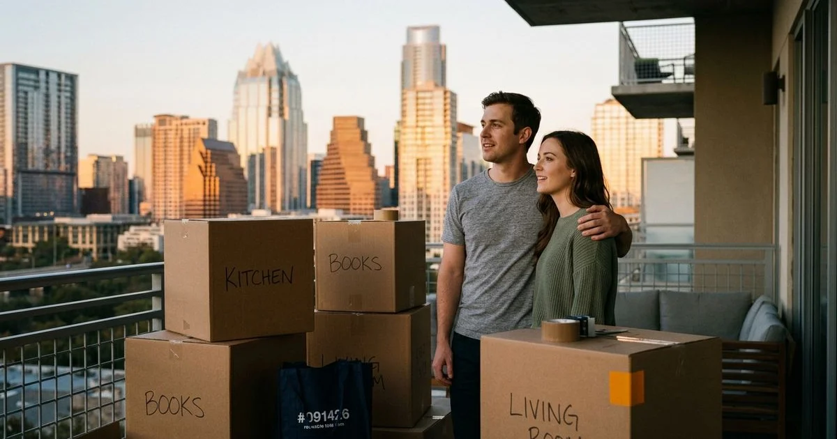 Young couple with moving boxes looking at the Austin skyline