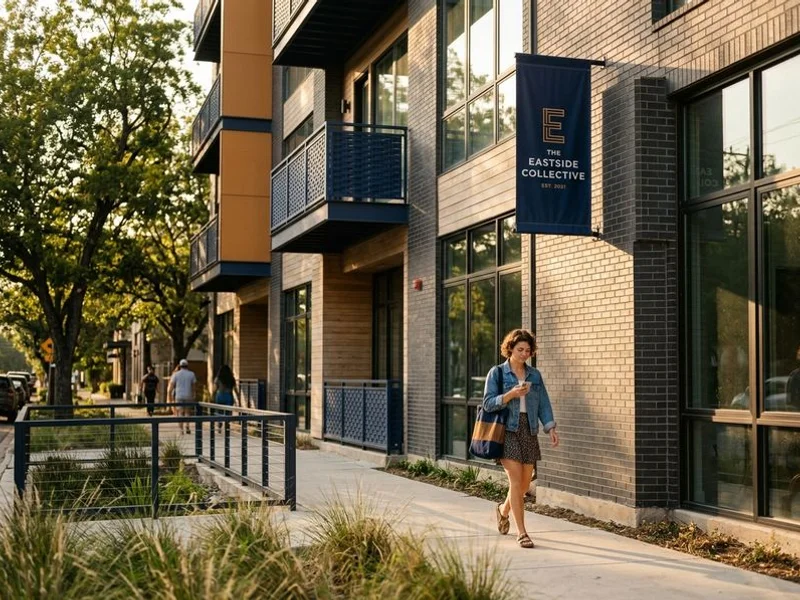 East Austin modern mid-rise apartment community with landscaped courtyard