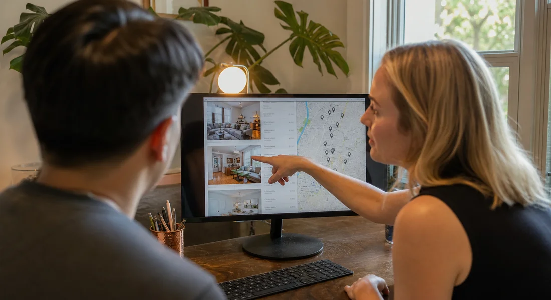 Austin apartment locator reviewing rental listings with a renter who has no rental history