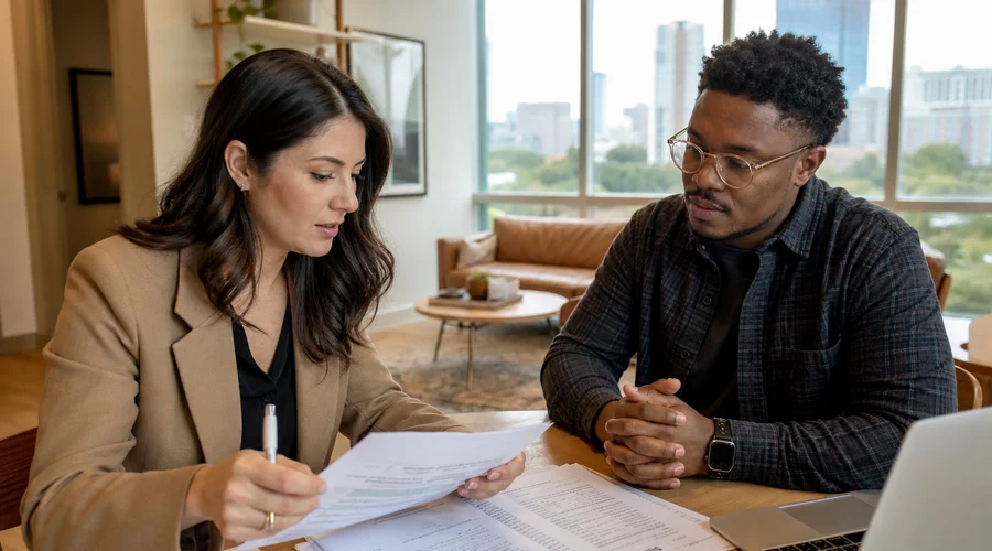 Austin apartment locator reviewing self-employed income documentation including bank statements, Schedule C tax returns, and 1099 forms for renter approval